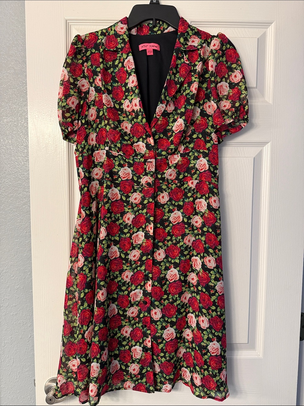 Betsey Johnson Black Midi Dress with Red & Pink Rose Print